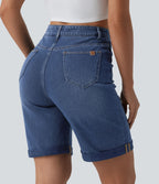 Short en jean Halara Flex™ taille haute gainant délavé à ourlet roulotté décontracté avec poches