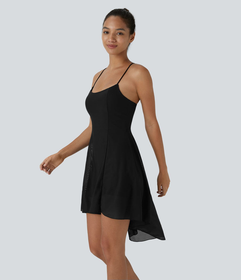 Robe de sport danse mini 2-en-1 laçage asymétrique résille contrastante fluide avec poche A-D