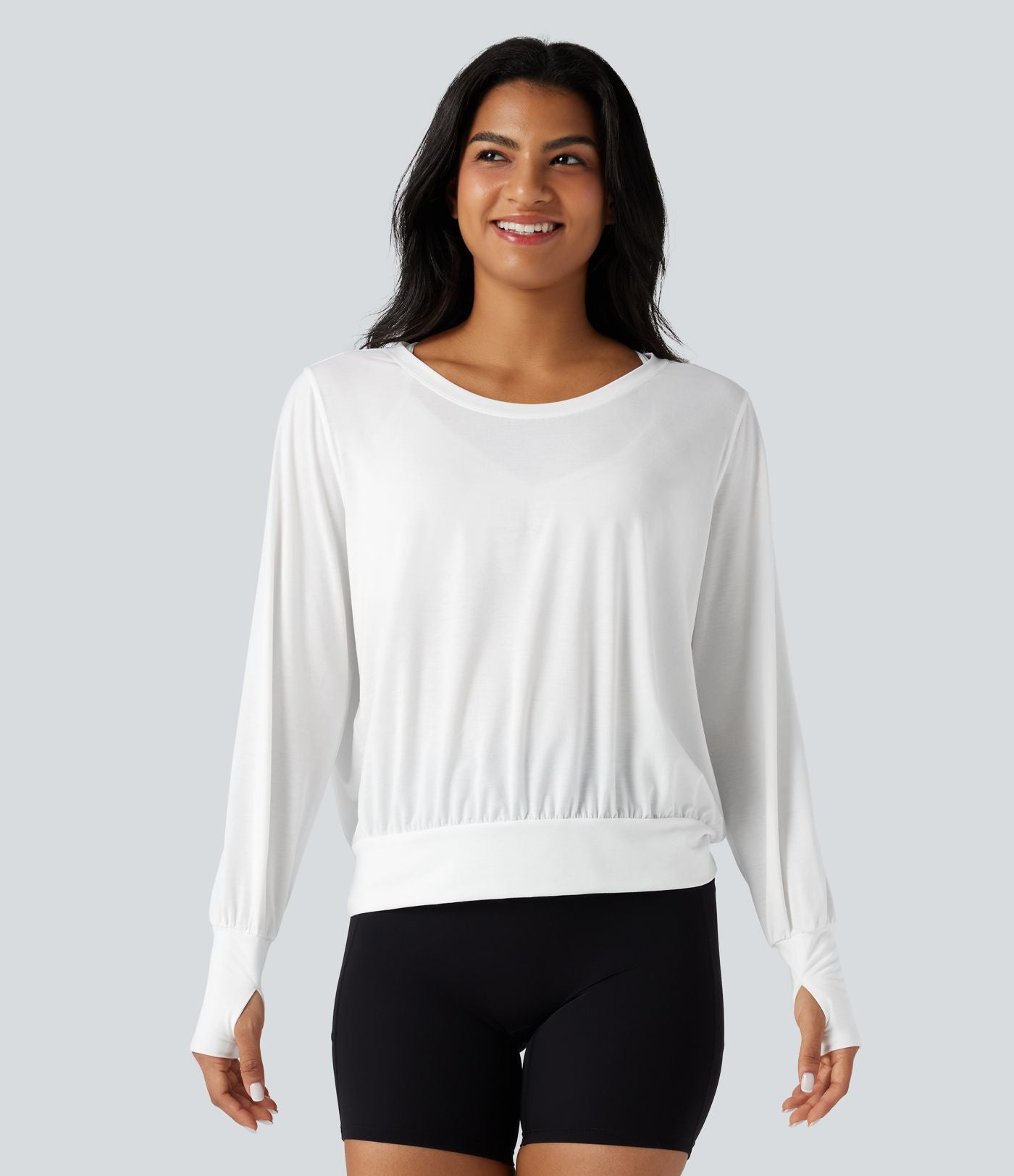 Top de sport yoga col échancré manches longues avec trous pouces