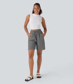 Short décontracté effet lin taille haute avec cordon de serrage et poches latérales
