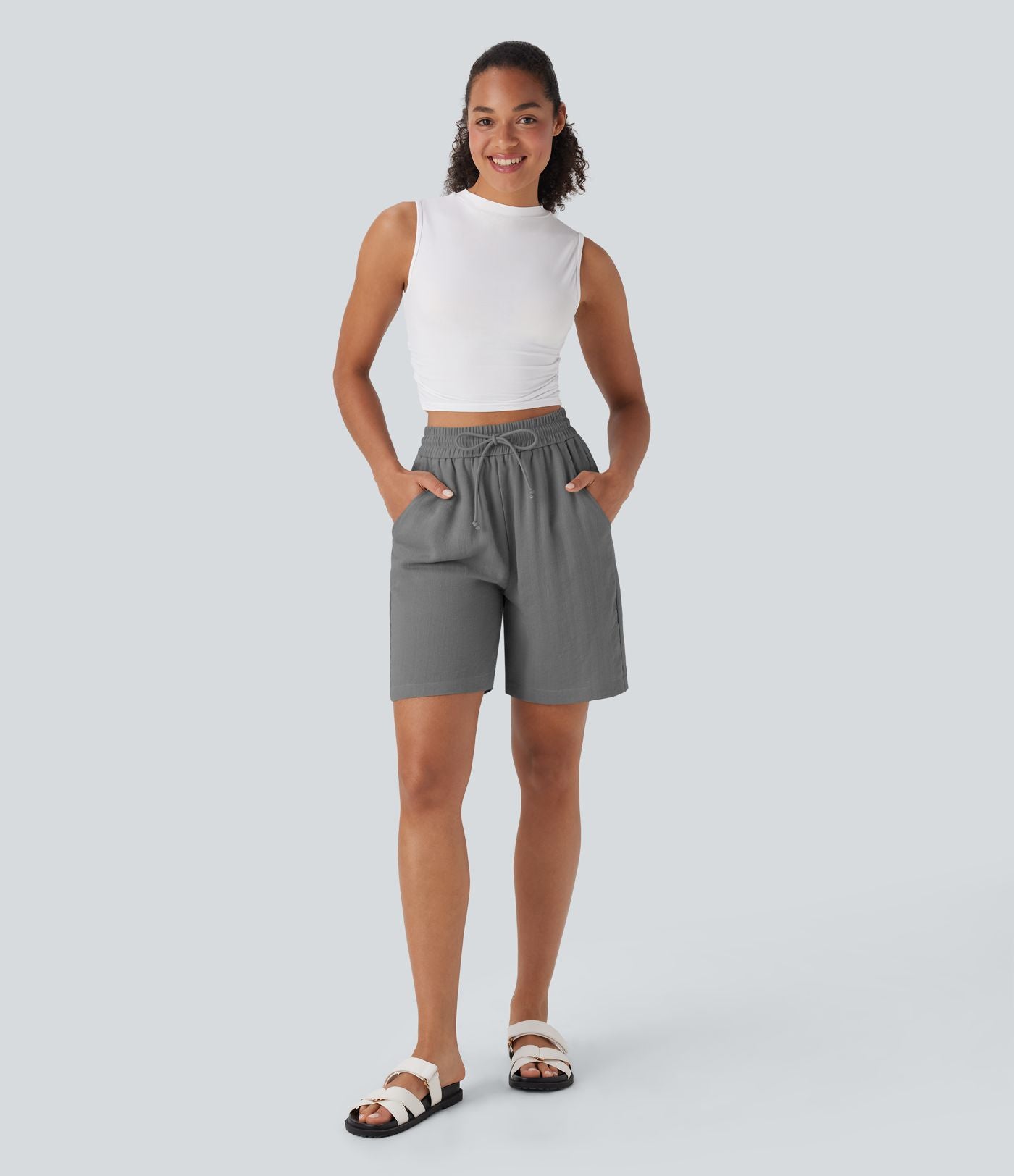 Short décontracté effet lin taille haute avec cordon de serrage et poches latérales