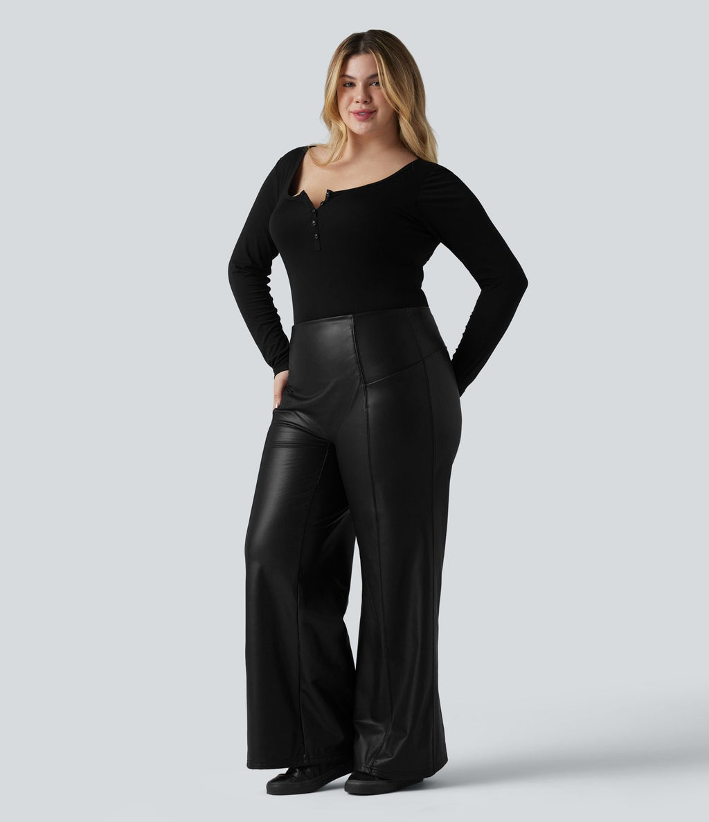 Pantalon flare grande taille en simili stretch doublé polaire, taille haute effet ventre plat avec poches