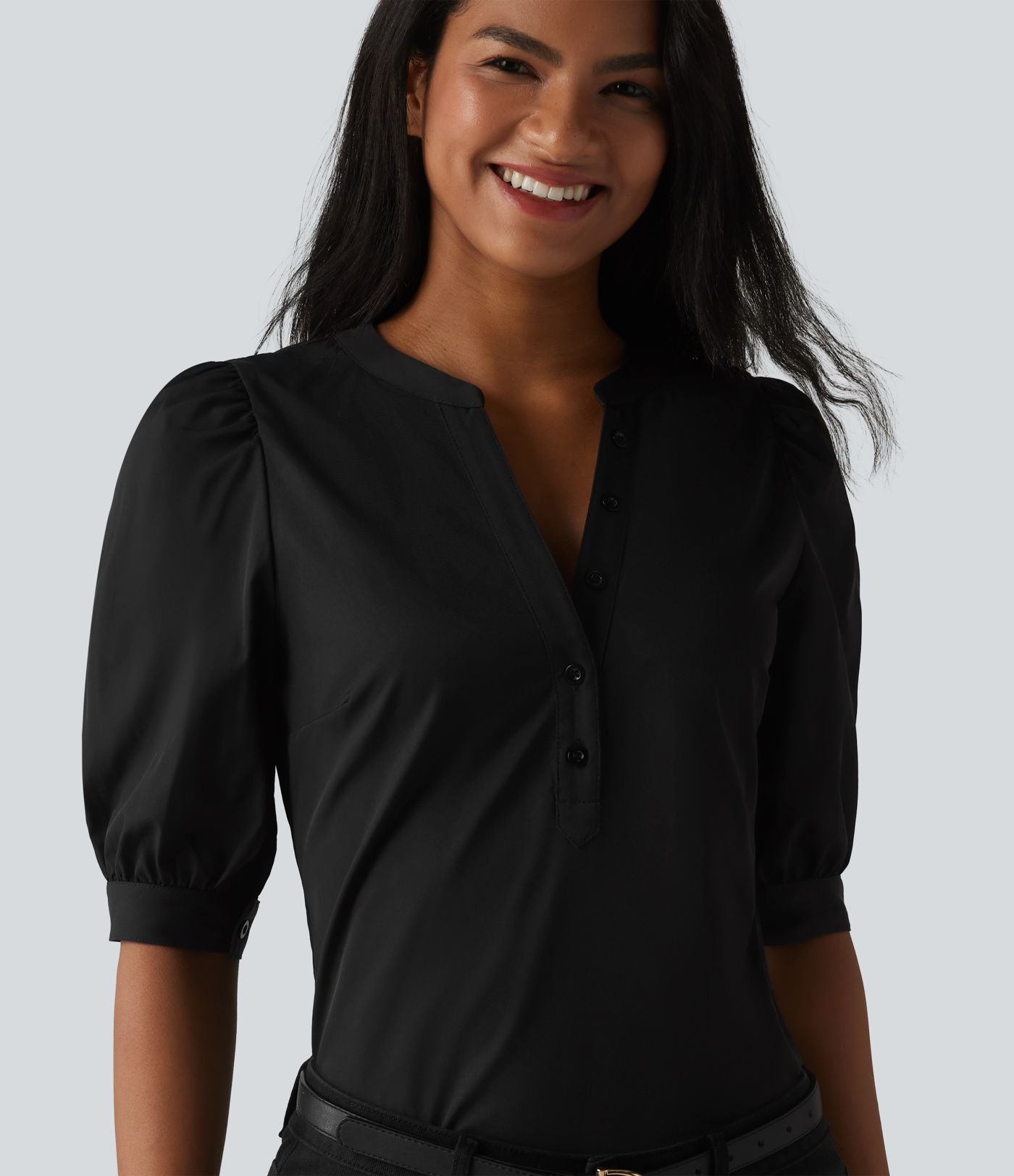Blouse décontractée col Henley manches bouffantes mi-longues