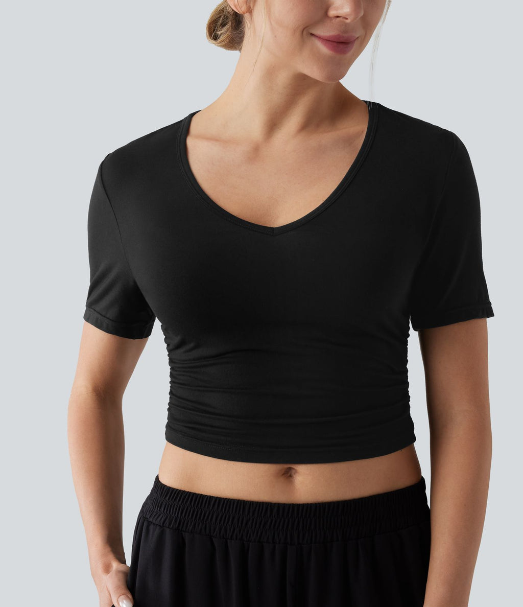 T-shirt décontracté col V manches courtes coupe courte