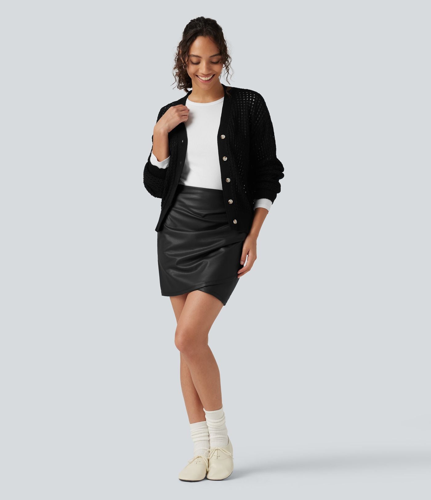 Jupe-short mini moulante taille haute en simili doublé polaire avec fronces et ourlet croisé