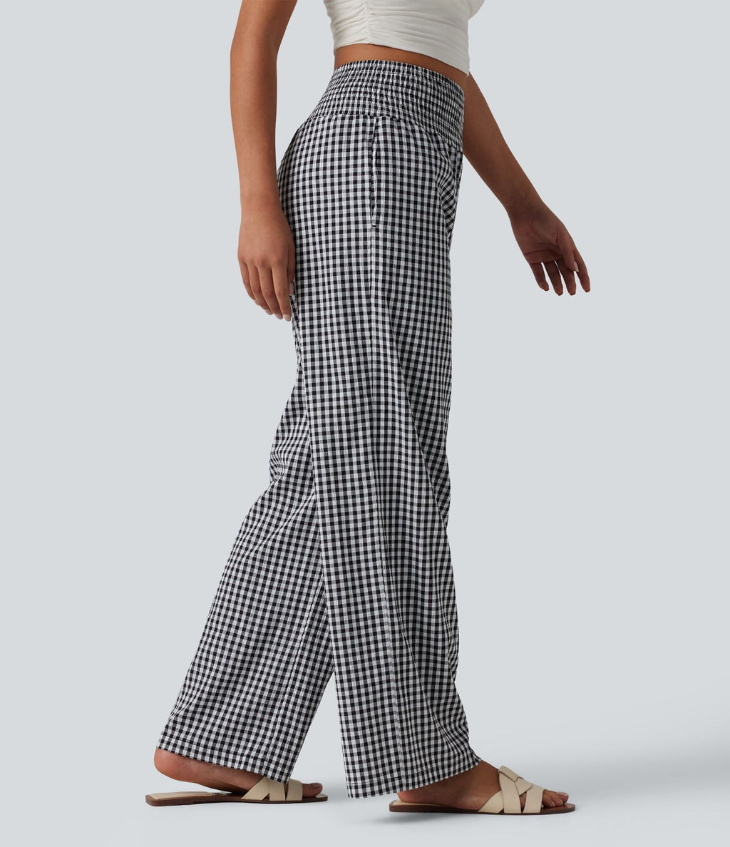 Pantalon large casual taille haute froncé à carreaux vichy avec poches
