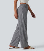 Pantalon large casual taille haute froncé à carreaux vichy avec poches