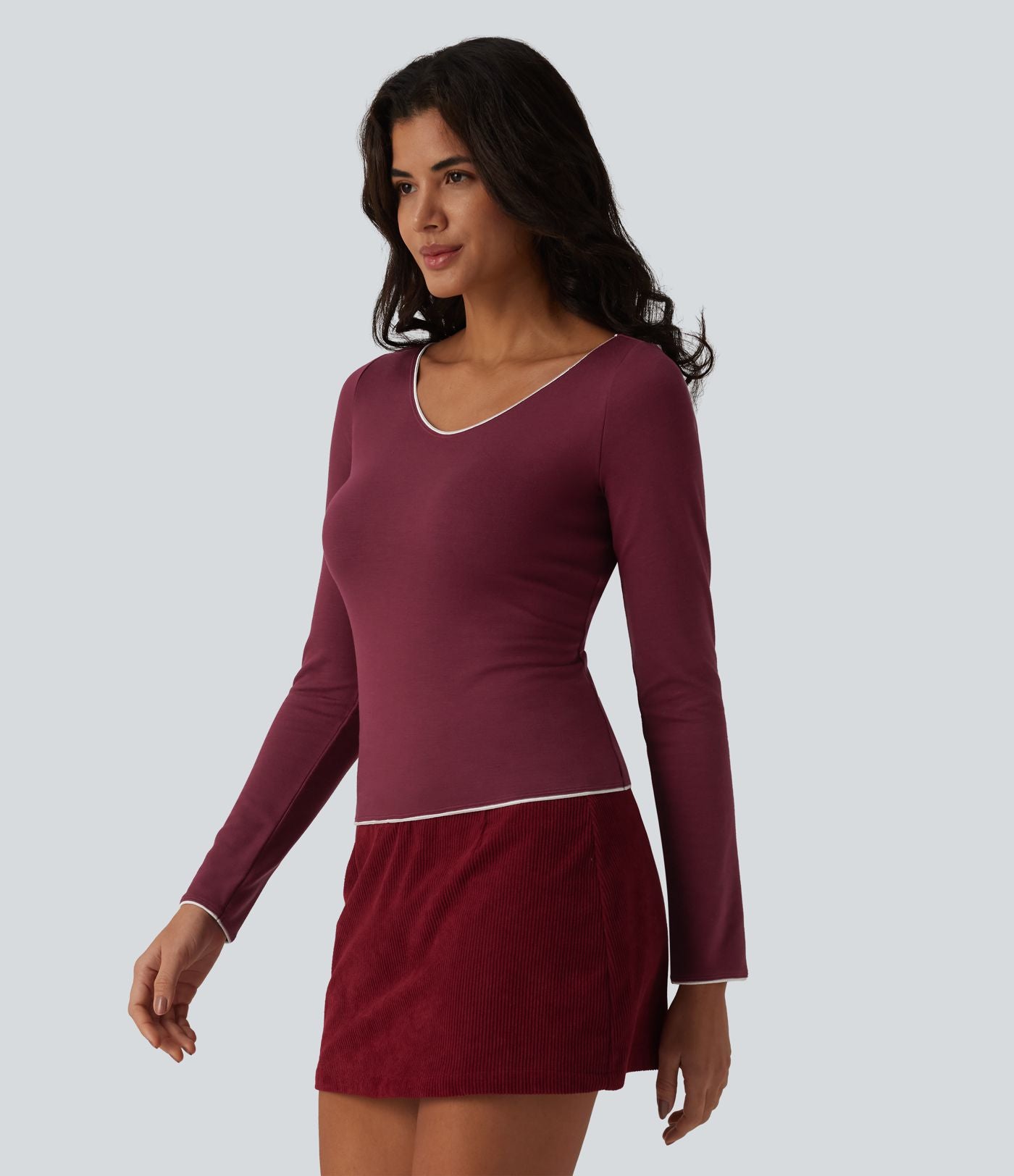 Top casual chauffant Halara HeatCore col V manches longues avec liserés contrastants