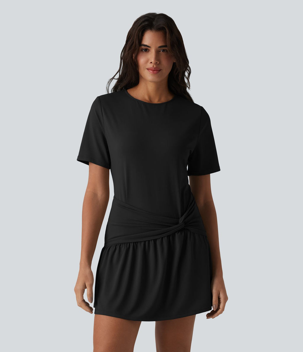 Robe mini casual 2 pièces col rond manches courtes dos goutte d'eau avec poches