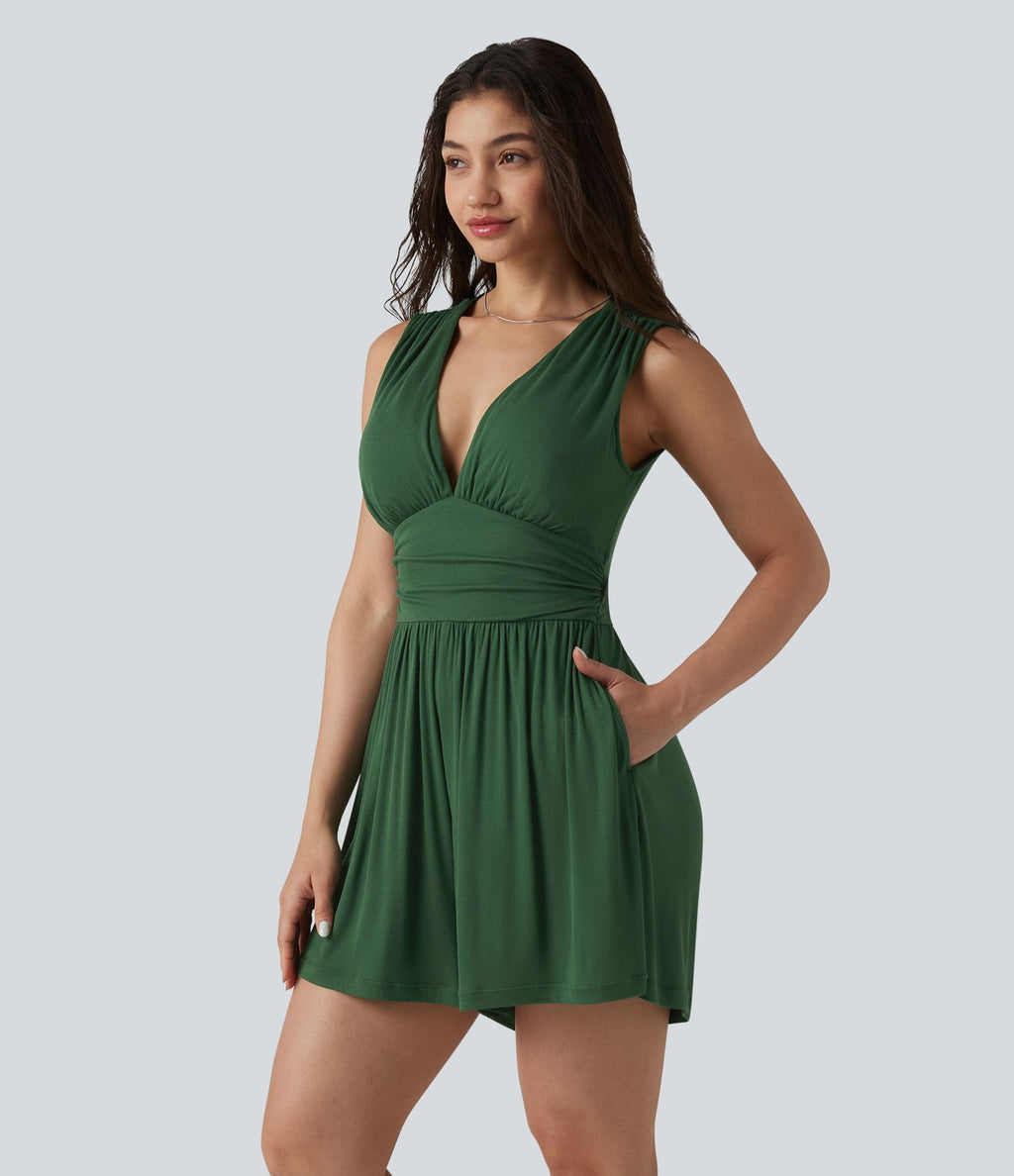 Combishort casual côtelé sans manches col V, fronces et soutien-gorge intégré, avec poches – Easy Peasy
