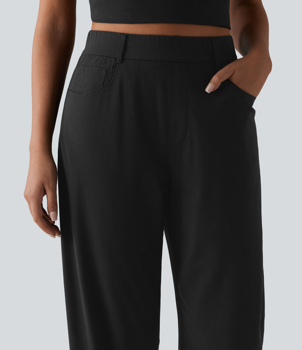 Pantalon casual taille haute en lin stretch coupe barrel avec poches