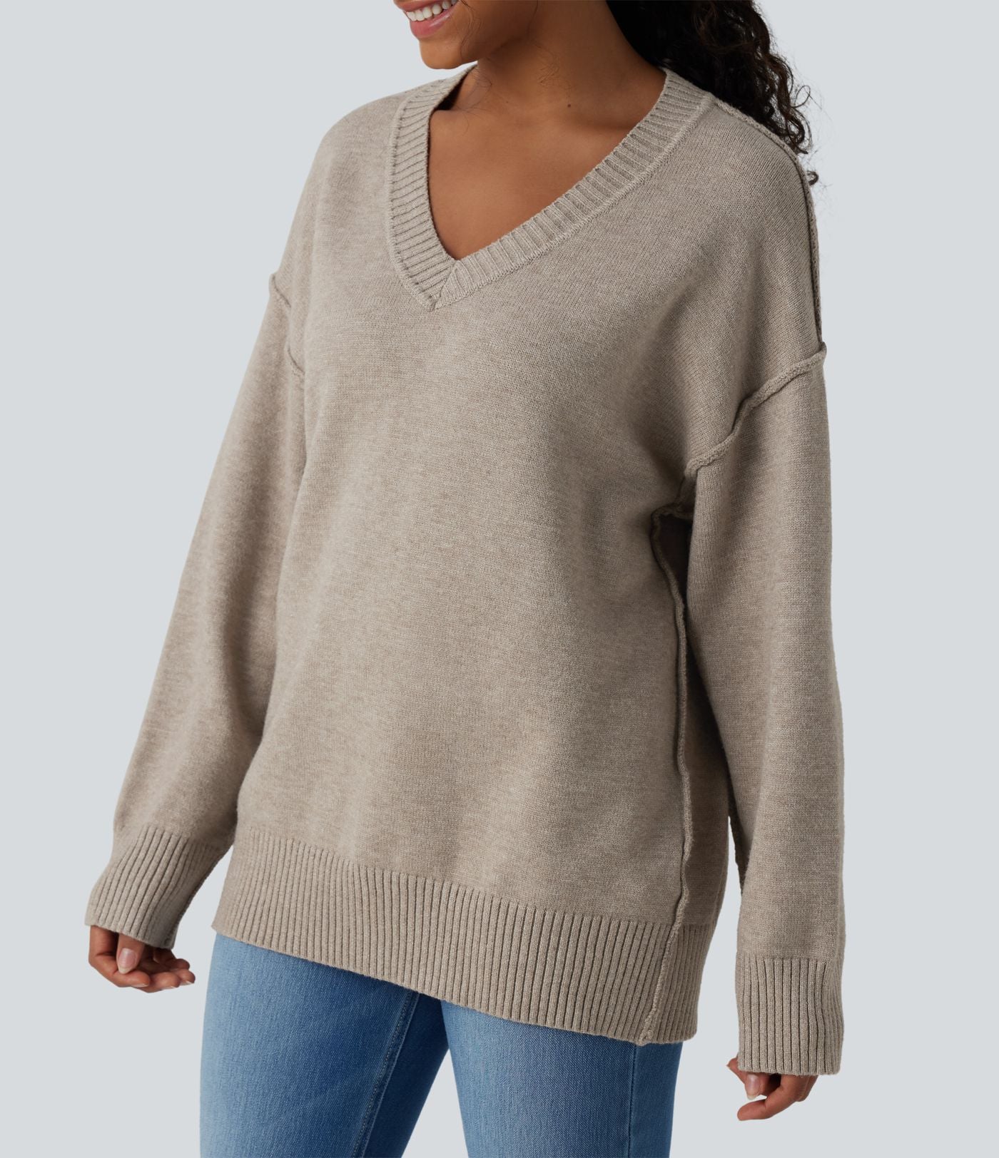Pull décontracté col V à manches longues et épaules tombantes