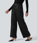 Pantalon large en tissu enduit molleton taille haute avec poches