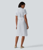 Robe-chemise midi tailleur à manches courtes et col, aspect lin à rayures, ceinturée et avec poches