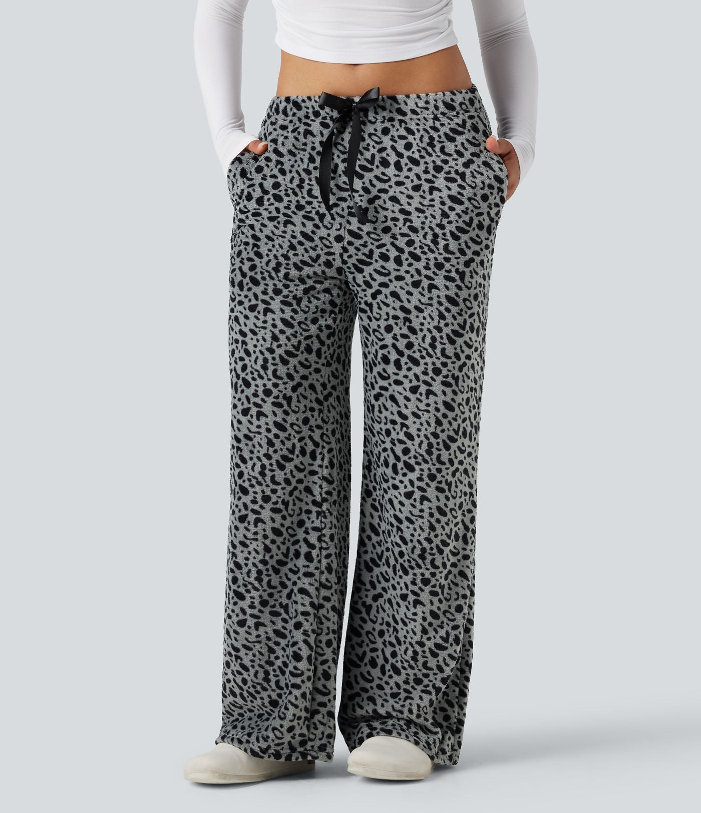 Pantalon large molleton imprimé léopard taille mi-haute avec cordon de serrage et poches