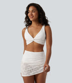 Ensemble Bikini 2-en-1 col V profond ventre plat avec détail torsadé, bretelles réglables, cordon de serrage et superposition en dentelle