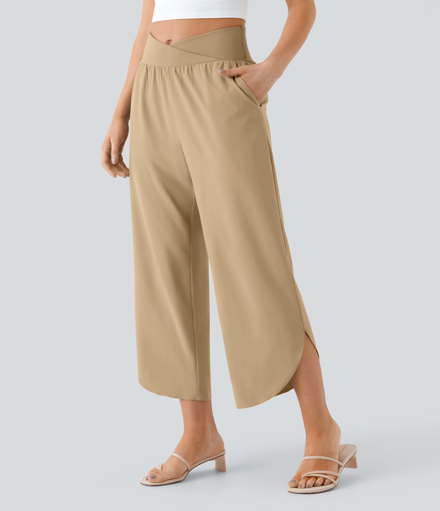 Breezeful™ Pantalon Fluide Vacances Séchage Rapide Taille Haute Croisée Poches Latérales Plissées Fente