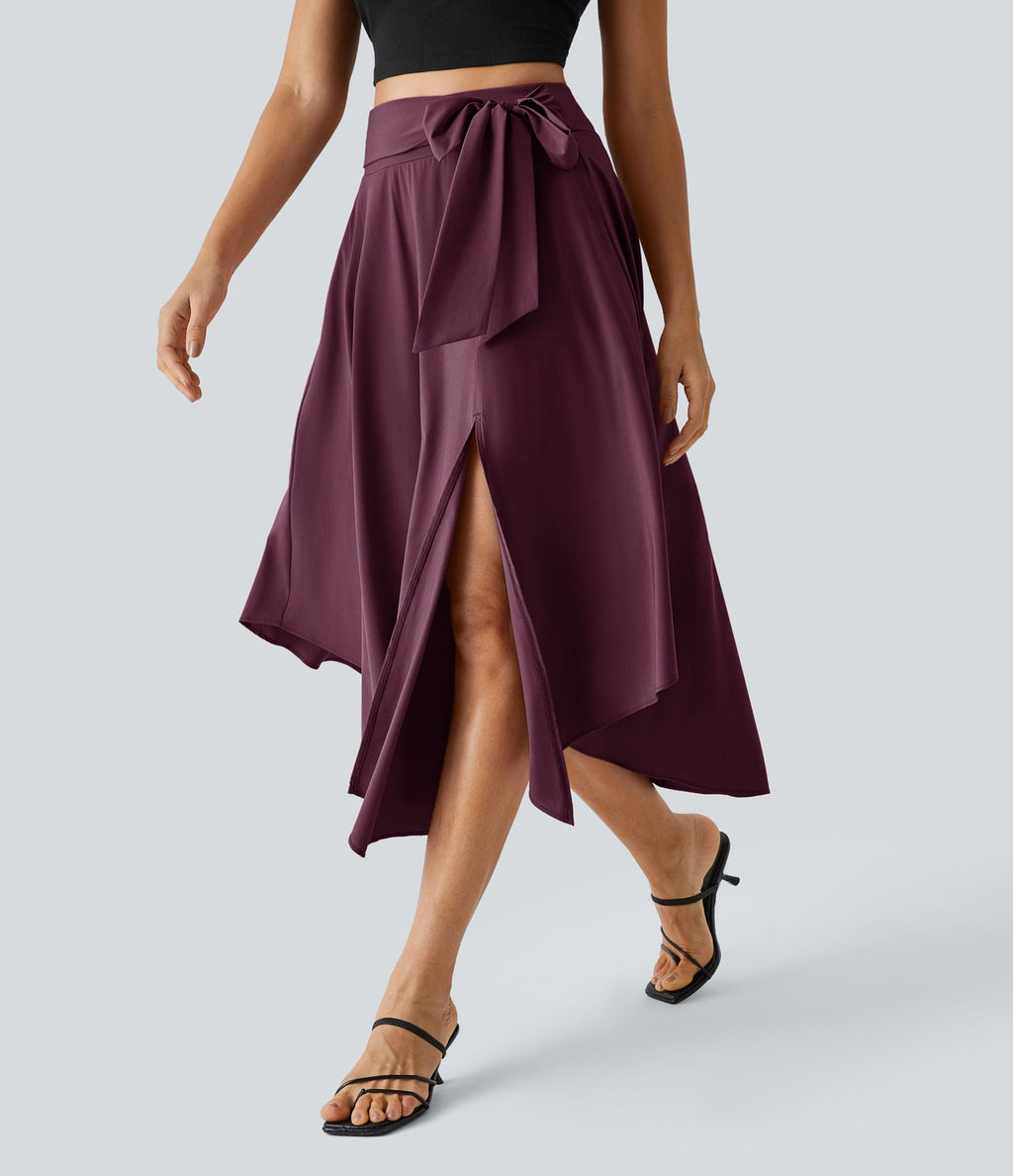 Breezeful™ Jupe Taille Haute Casual Midi Séchage Rapide Fluide Fentes Latérales Nouées 2 en 1