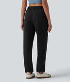 Pantalon casual fuselé 7/8 taille mi-haute plissé en popeline extensible à ourlet retroussé avec poches