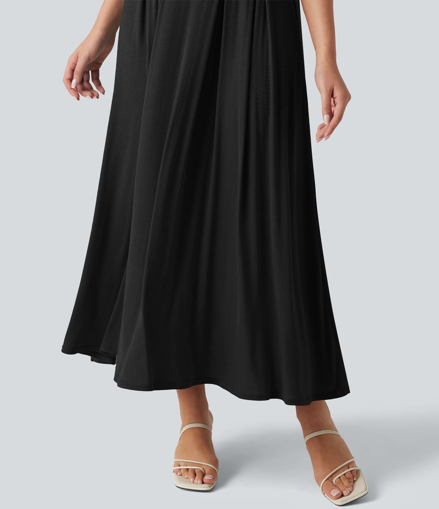 Robe midi casual fluide côtelée gainante à épaules dénudées