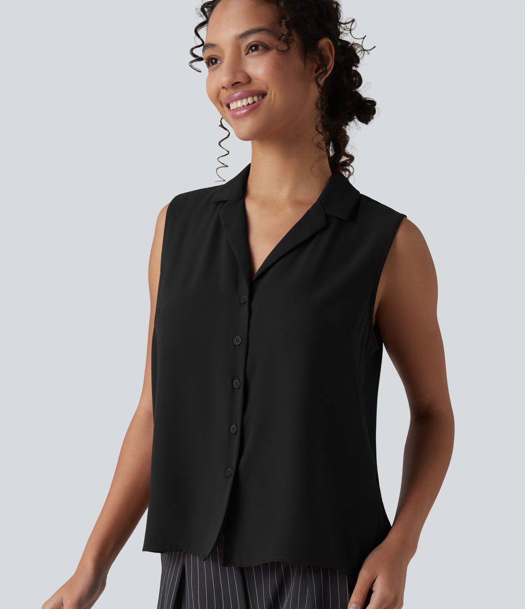 Blouse tailleur ample col revers sans manches à boutonnière