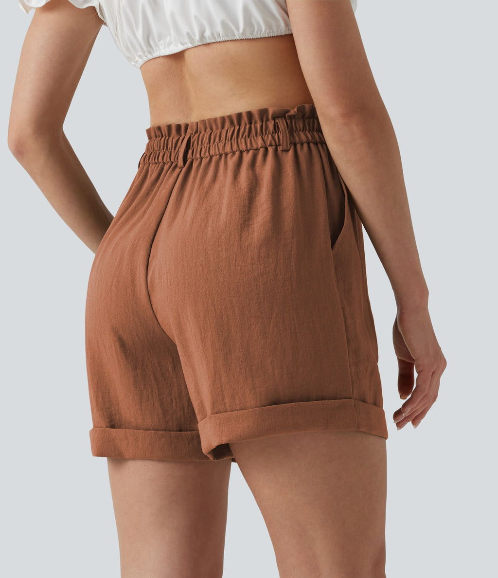 Short resort 12,5 cm taille haute effet lin avec ourlet roulotté et poches