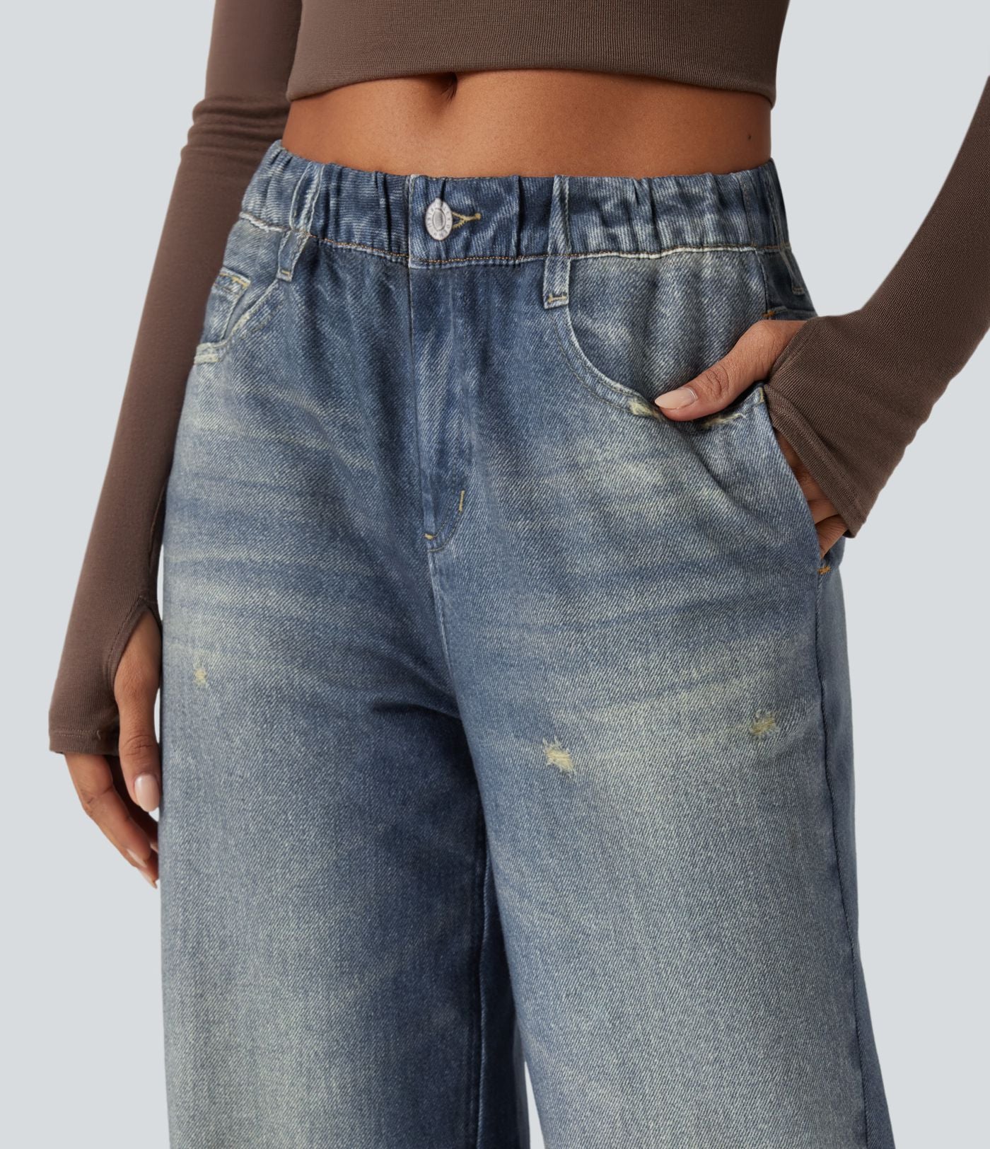 Jogging jean décontracté en molleton French Terry imprimé denim taille mi-haute avec poches