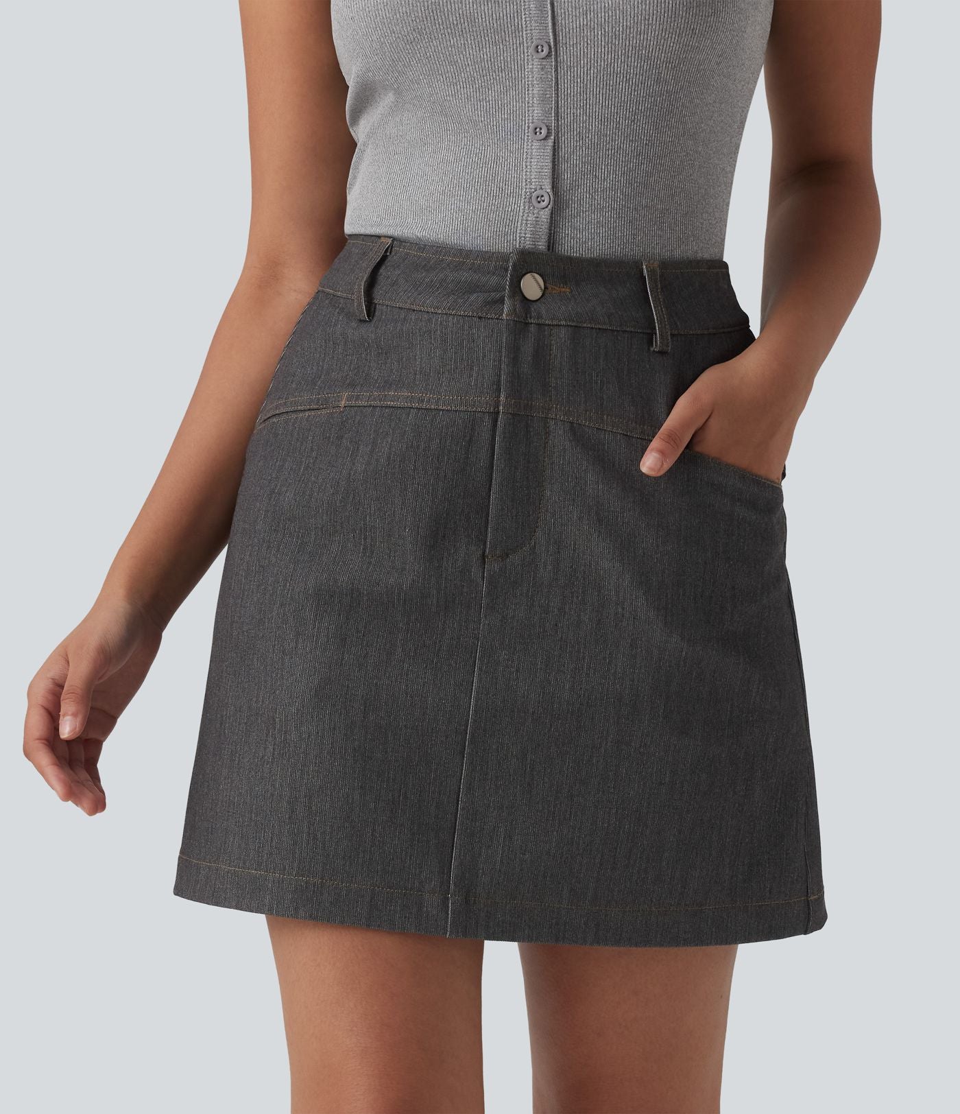 Jupe mini évasée casual 2-en-1 aspect denim taille haute avec poches