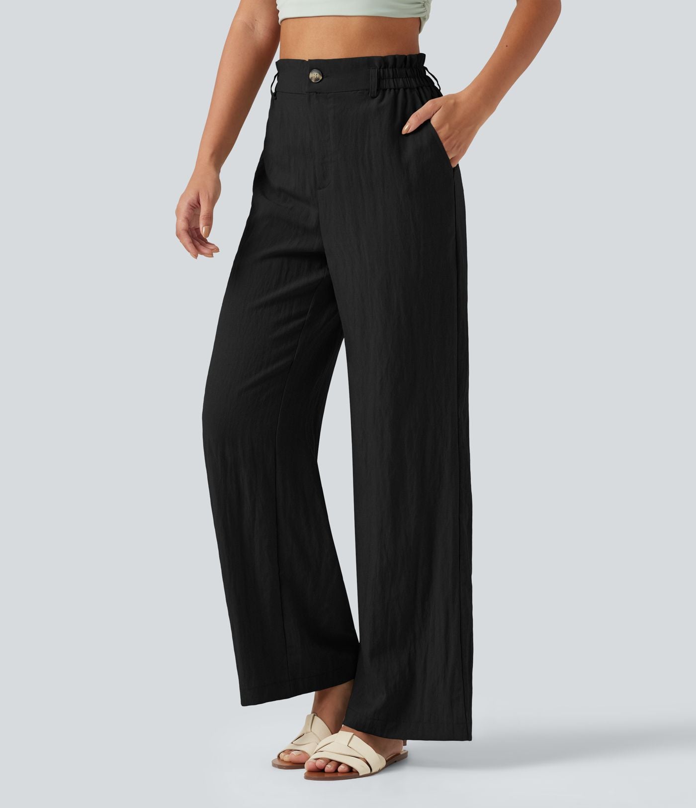 Pantalon décontracté taille haute à jambes larges en mélange de lin avec poches