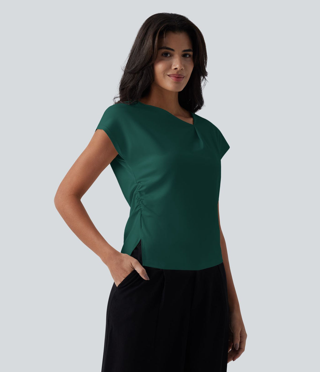 Blouse tailleur asymétrique col drapé manches courtes avec fronces et ourlet fendu