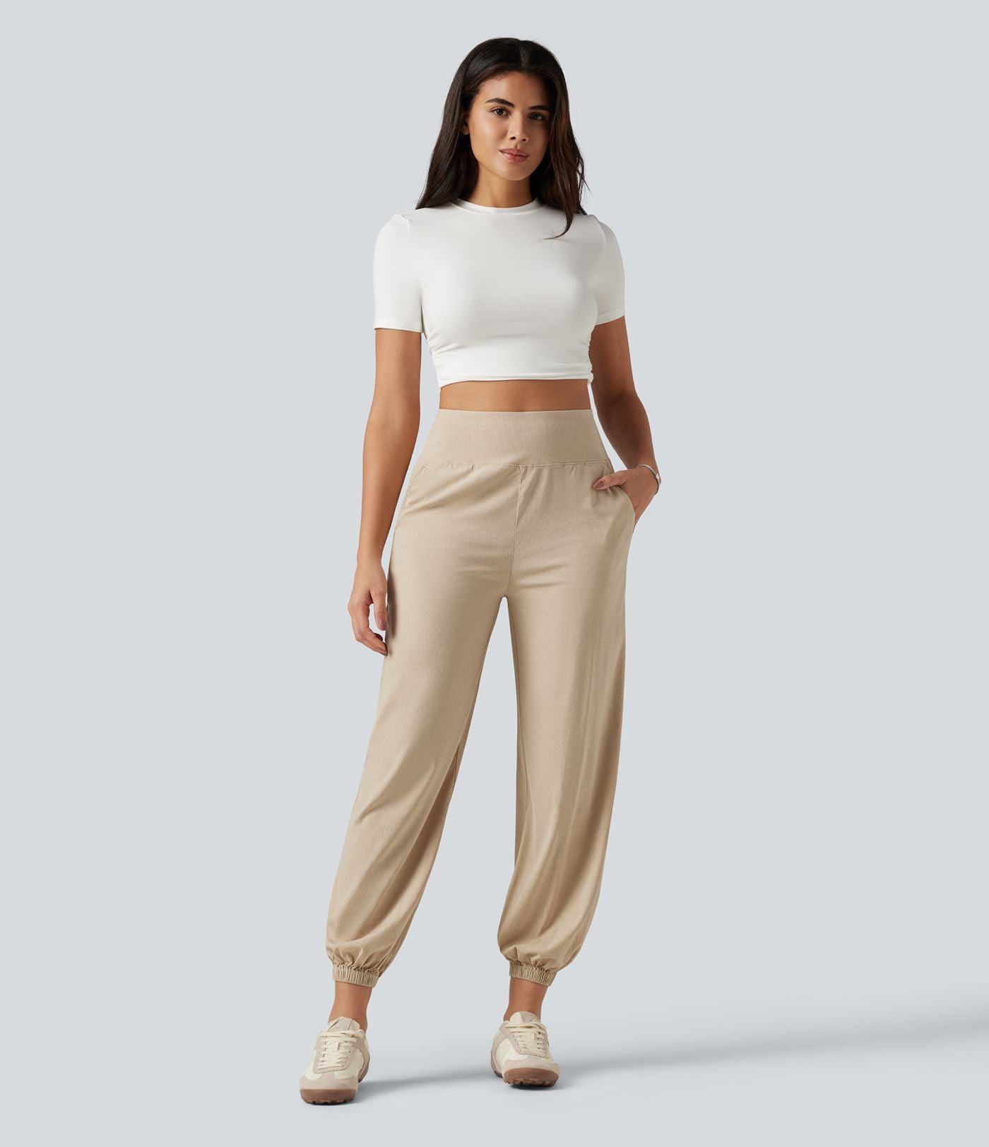 Pantalon de jogging taille haute en lin stretch avec poches