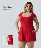 Combishort grande taille SoftlyZero™ Airy de yoga effet frais InstantCool col U à manches courtes couvrantes, avec poches, accès facile Easy Peasy