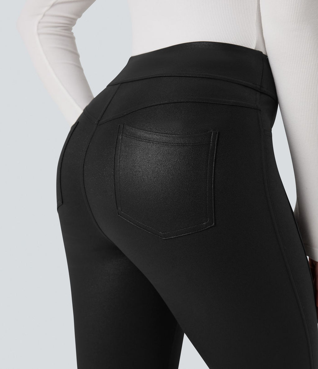 Legging décontracté taille haute en tissu enduit brillant avec poches