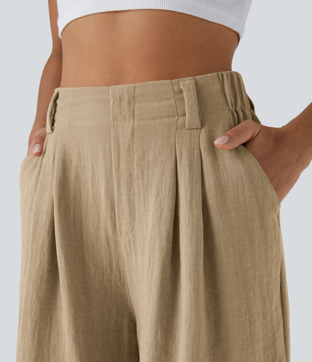Bermuda Large Fluide Taille Haute avec Plis et Poches Latérales en Lin Synthétique