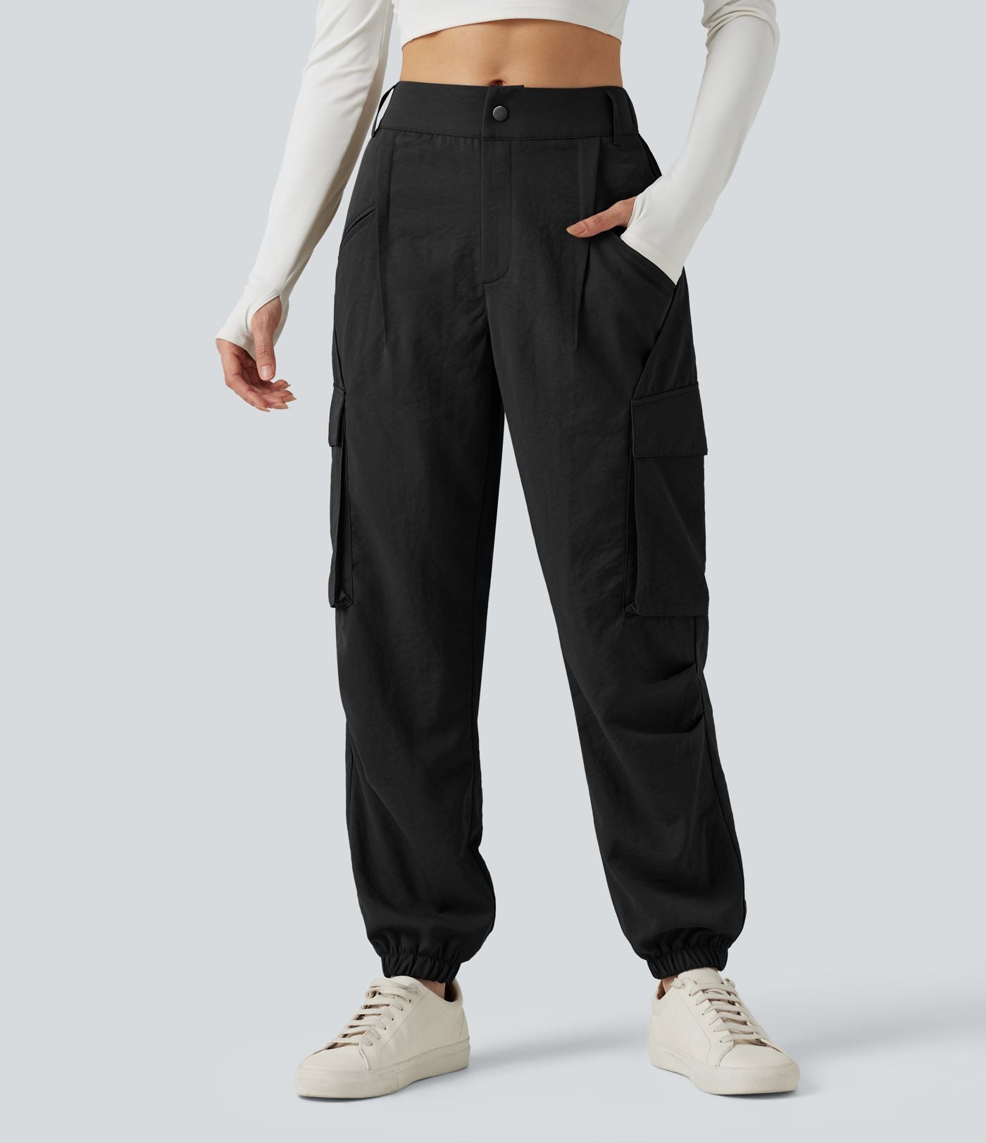 Jogging cargo décontracté, taille moyenne, à poches