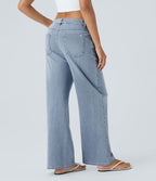Jean Casual Halara Flex™ Taille Mi-Haute à Jambes Larges Tricot Extensible Lavé avec Poches Multiples