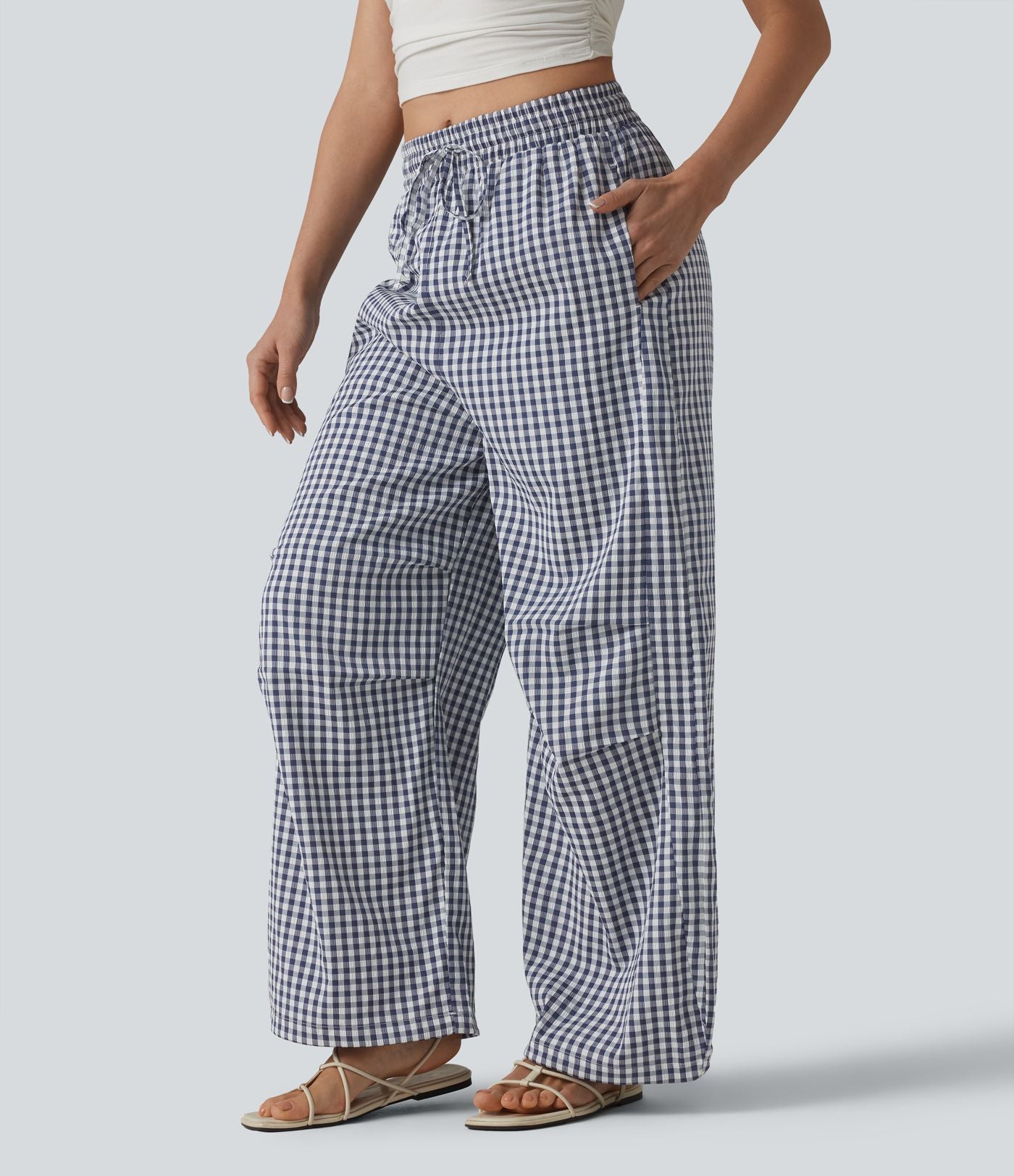 Pantalon ample décontracté à carreaux vichy, taille mi-haute, cordon de serrage et poches