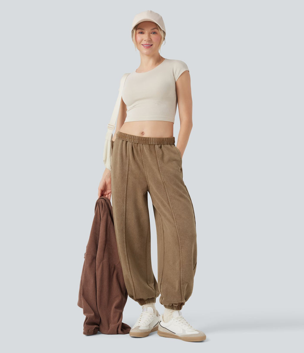 Pantalon jogging coton molleton français délavé taille mi-haute avec poches