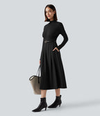 Robe de travail mi-longue col montant à manches longues avec poches