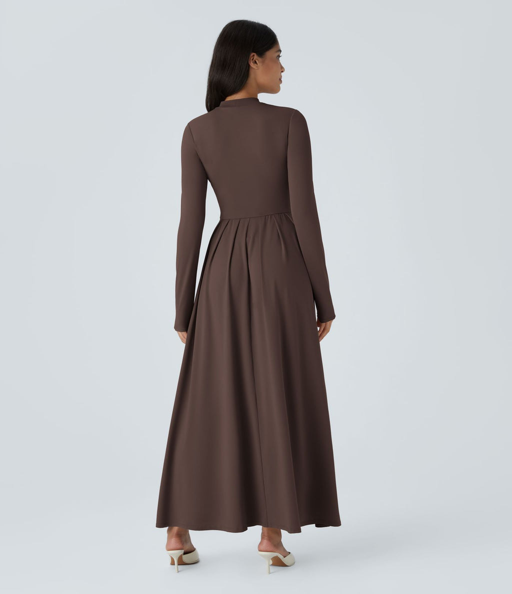 Robe longue décontractée à col montant, manches longues, plissée, avec poches latérales et coupe évasée