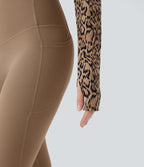 Haut de sport yoga court col rond à manches longues avec passants pouces imprimé léopard Halara UltraSculpt™