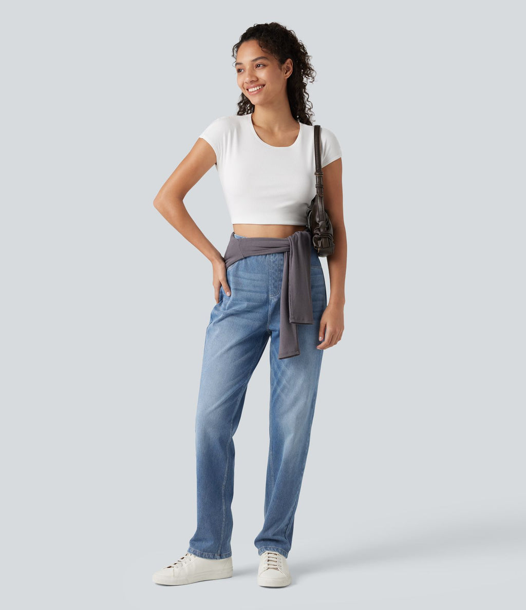 Jean droit taille haute Halara Flex™ délavé avec poches