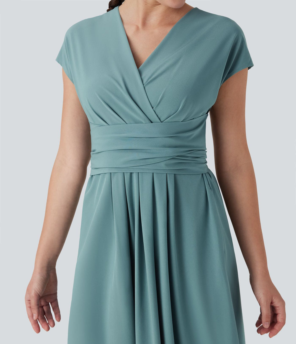 Robe midi Breezeful™ col V manches courtes à liens dans le dos séchage rapide avec poches latérales