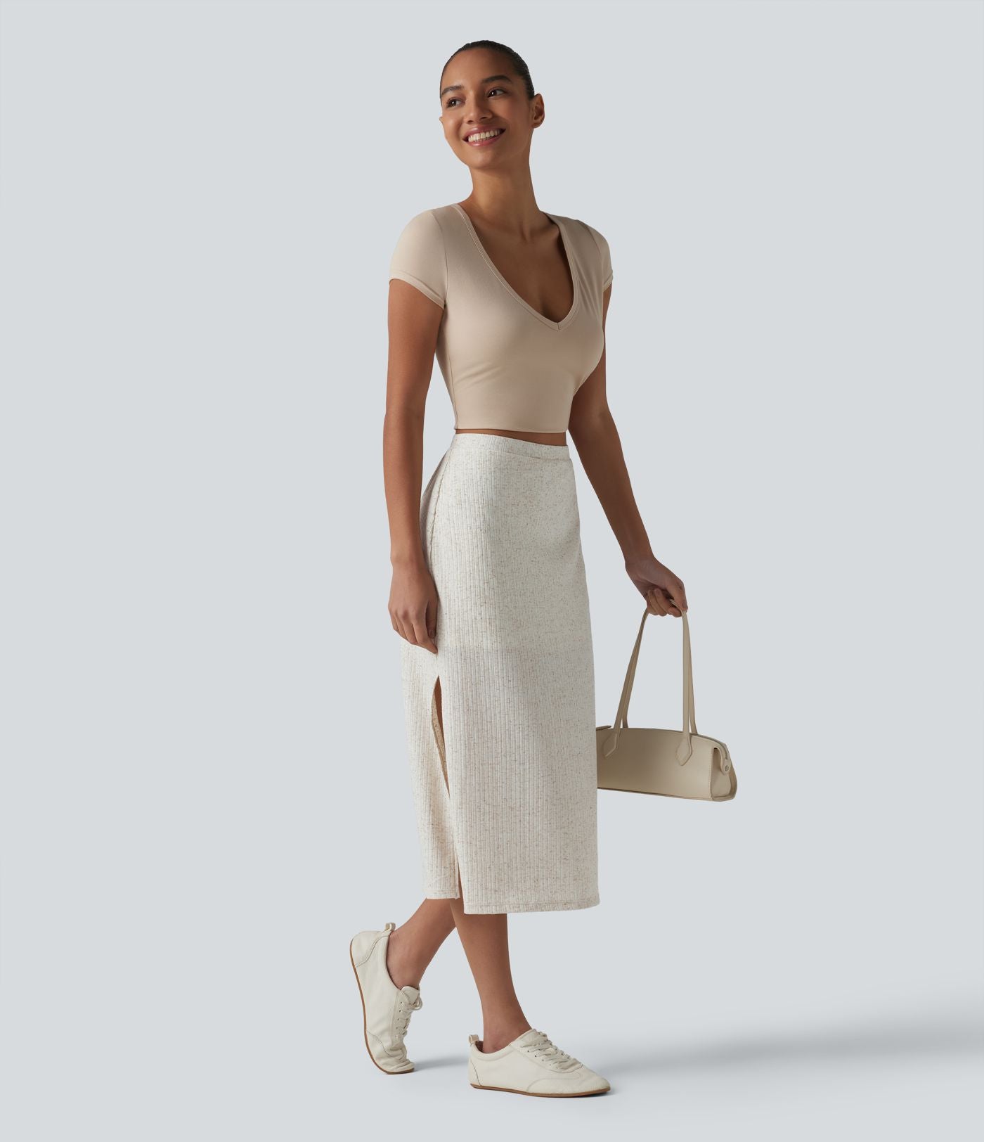 Jupe midi moulante côtelée taille haute aspect lin décontractée