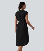 Robe-chemise midi de travail à manches courtes avec ceinture, ourlet arrondi et poches