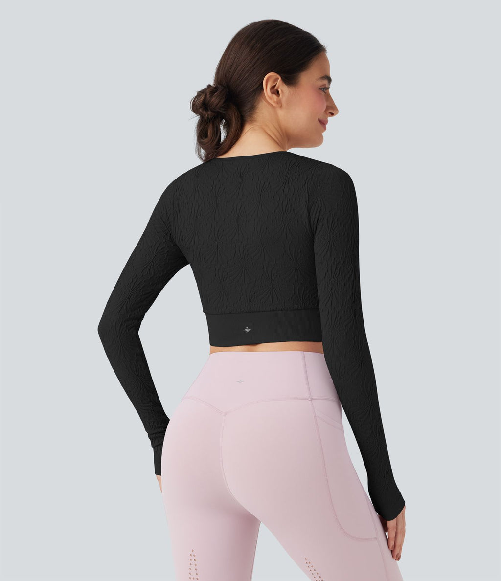 Haut de sport yoga court ajusté jacquard à manches longues sans couture OneForm Seamless Flow