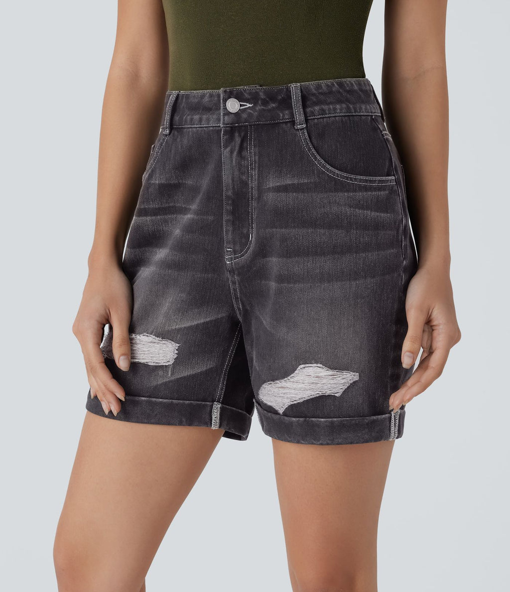Halara Flex™ Short en denim extensible taille haute avec poches multiples, déchirures, ourlet roulotté et effet délavé