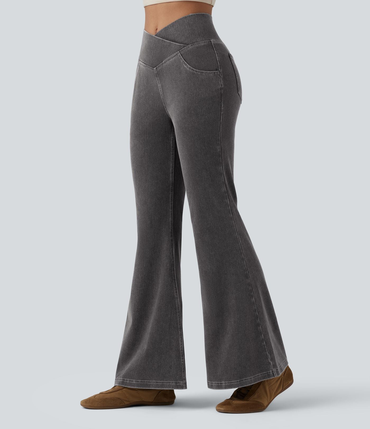 Halara Flex™ - Jean Ultra Evasé Tricot Extensible Lavé Poches Croisées Taille Haute
