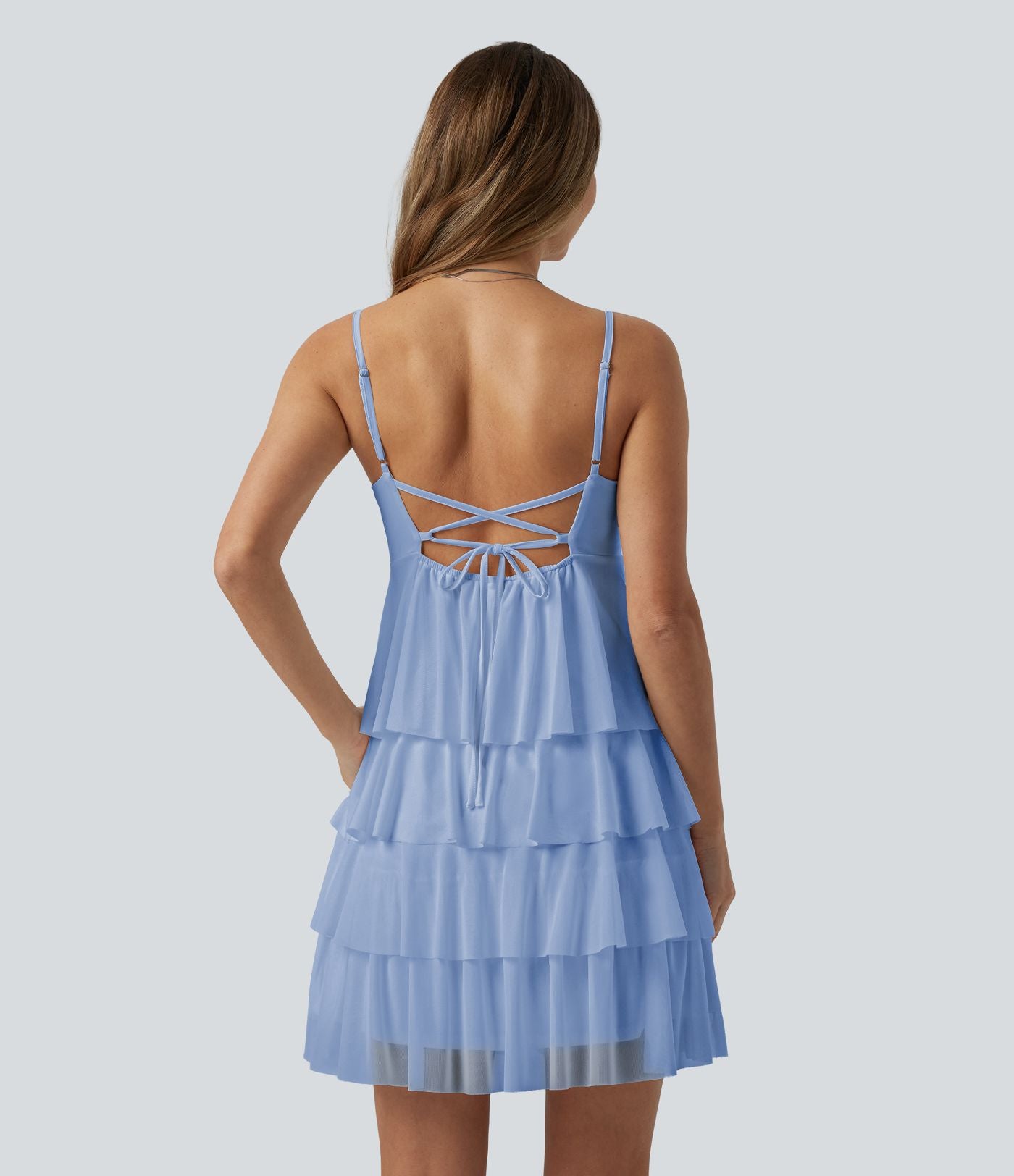 Robe nuisette courte décontractée à volants, dos nu croisé, empiècement en résille, brassière intégrée et poches