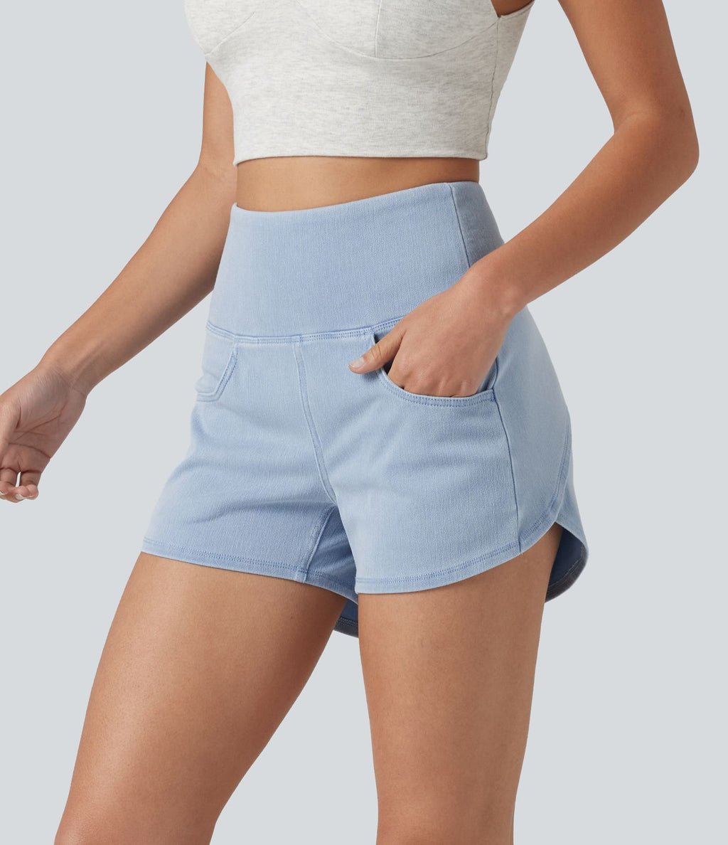 Halara Flex™ Short casual en jean skinny gainant taille haute à ourlet arrondi avec poches